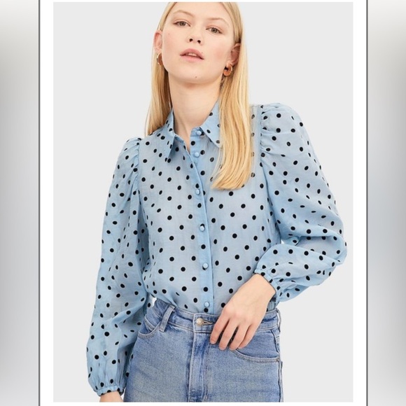 Stradivarius Light Blue Puff Sleeve Polka Dot Button Down Shirt- size S- EUC - Picture 1 of 10